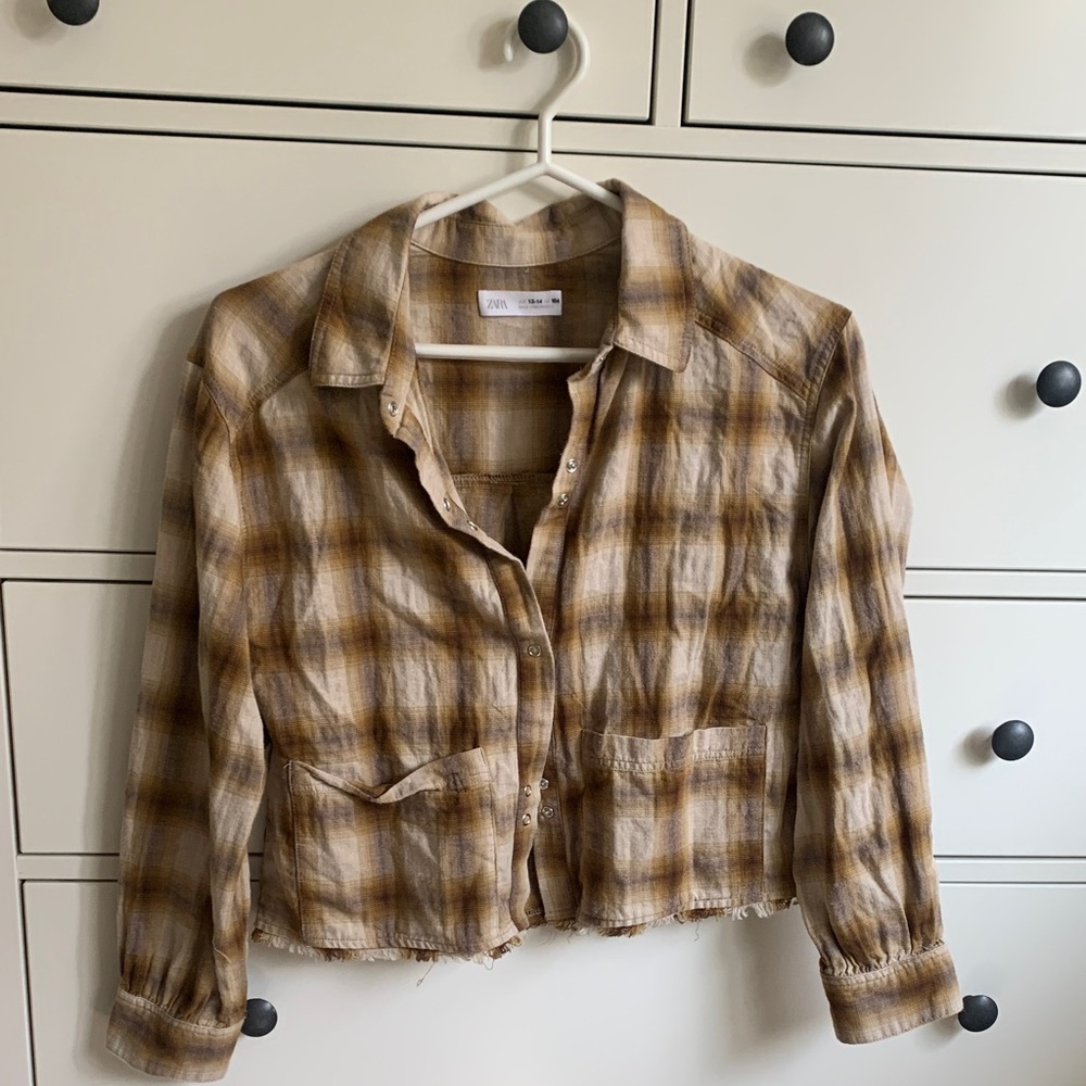 Zara Cropped Plaid Button-Down Jacket - Beige & Brown